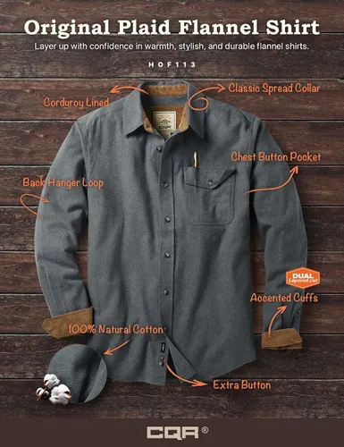 Vista 7 de CQR - Camisa de franela de algodón a cuadros con botones y manga larga para hombre, algodón cepillado suave, camisa de estilo informal