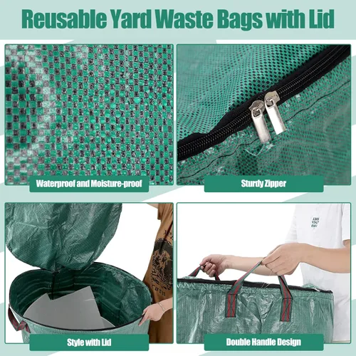 Vista 3 de Kingdder Paquete de 2 bolsas de basura reutilizables de 132 galones con tapa y asa plegables extra grandes para bolsas de césped, contenedores