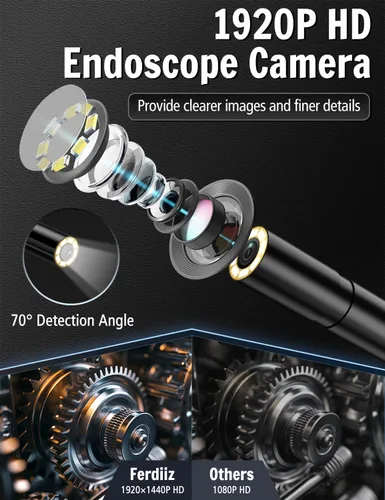 Vista 2 de Cámara endoscopio con luz, boroscopio HD 1920P con 8 luces LED ajustables, boroscopio con cámara de serpiente semirrígida de 16.4 pies con luz