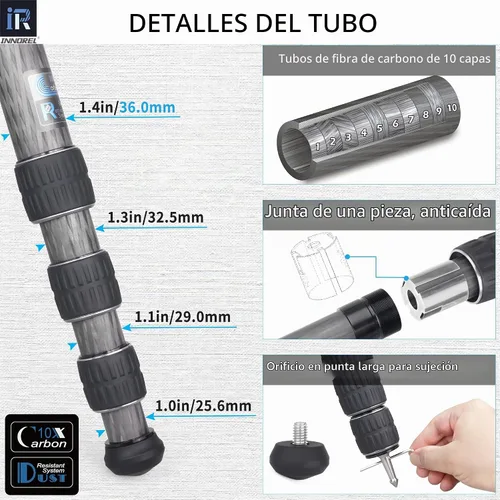 Vista 4 de INNOREL KT364C - Trípode compacto de fibra de carbono de 10 capas, 1.417 in, tubo grande, trípode de viaje profesional para videocámara digital Solo