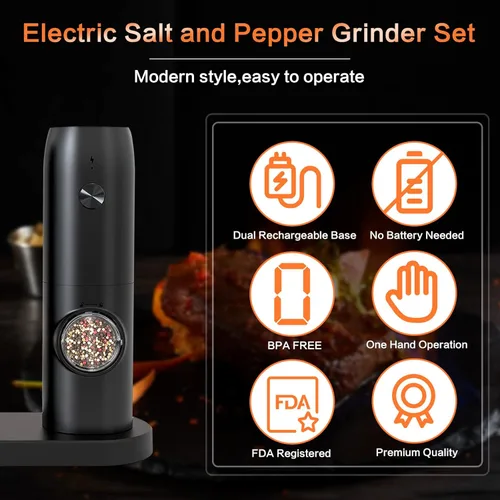 Vista 2 de Juego de molinillo eléctrico recargable de sal y pimienta, molinillo automático de sal y pimienta con luz LED, molinillo de sal y pimienta, grosor