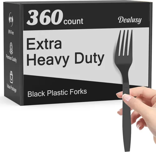 Dealusy 360 Unidades Tenedores de Plástico Negro Extra Resistentes Desechables, Sin BPA, Resistentes al Calor, Tenedores Desechables Sólidos y