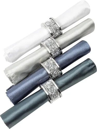 Vista 9 de SHYFOY Servilletero de diamante plateado con marco de cristal, juego de 4 piezas, juego de 4 piezas, soporte de tela con hebilla de servilleta