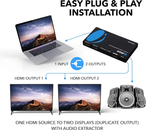 Vista 3 de OREI Divisor HDMI 1x2 2.0 con extractor de audio escalador, 2 puertos con Full Ultra HDCP 2.4K a 60Hz y 3D compatible con control EDID - UHDS-102A