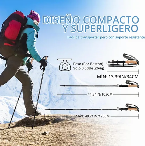 Vista 6 de Overmont Bastones de senderismo de aluminio 7075, ligeros, plegables, ajustables, con mango de EVA, accesorios para todo terreno, bolsa