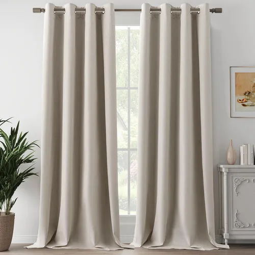 Vista 9 de Cortinas de Lino Beige con Bloqueo Total de Luz de 64 Pulgadas de Largo, Lino Sintético Texturizado con Bloqueo de Calor y Aislamiento Térmico