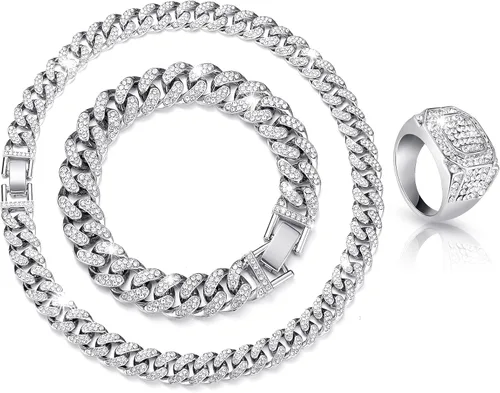 Kenning Juego de 3 piezas de cadena de eslabones de plata, collar de cadena de eslabones de plata, collar de diamantes de imitación, anillo de