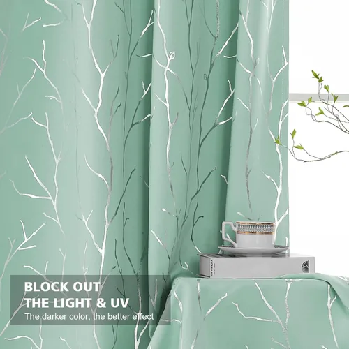 Vista 3 de BUHUA Cortinas pequeñas para ventana de 36 pulgadas de largo, 2 paneles, cortinas opacas con elegantes ramas de árbol plateadas, cortinas de bloqueo