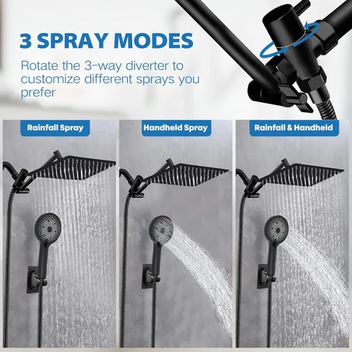 Vista 4 de Cabezal de ducha, cabezal de ducha de lluvia de 12 pulgadas con combo de rociador de mano y brazo de extensión ajustable, manguera de lluvia de alta