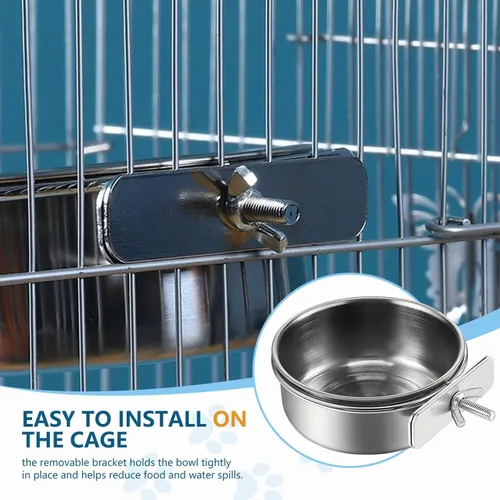 Vista 3 de 2 cuencos de acero inoxidable para alimentación de pájaros, taza de alimentación de pájaros pequeños, jaula de acero inoxidable para loro