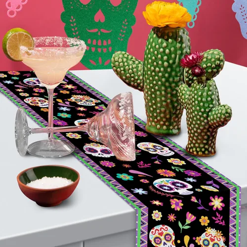Vista 4 de Camino de mesa del Día de los Muertos, decoración de 72 x 13 pulgadas, decoración de mesa de carnaval mexicano, diseño de calavera de azúcar