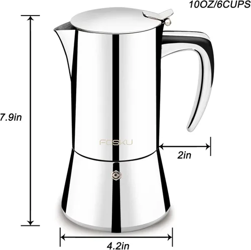 Vista 2 de Máquina de café expreso para estufa, olla moka de acero inoxidable, cafetera de estilo italiano, cafetera espresso para 6 tazas, 10.1 fl oz