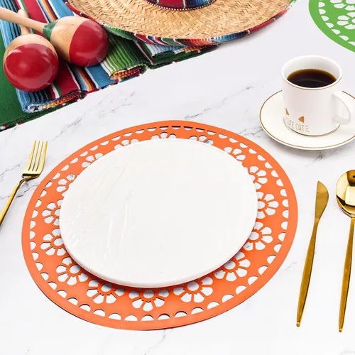 Vista 4 de 32 manteles individuales de papel para fiesta de 14 pulgadas, papel mexicano Picado Cinco de Mayo, manteles individuales desechables redondos