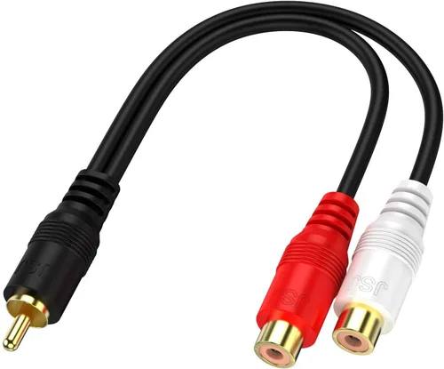Vista 2 de Cable divisor RCA de 1 macho a 2 hembras para altavoz de audio en Y, con conductor OFC, blindaje doble, carcasa de metal chapado en oro, cubierta