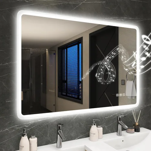 Vista 9 de S·BAGNO - Espejo de baño LED de 40 x 28 pulgadas con marco negro, espejo LED para baño, altavoz Bluetooth integrado, brillo regulable, cambio