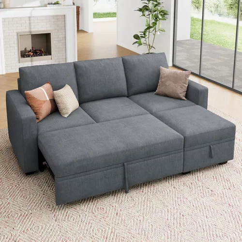 Vista 25 de HONBAY - Sofá seccional modular con cama desplegable, sofá de pana con almacenamiento, sofá seccional en forma de U para sala de estar, color azul