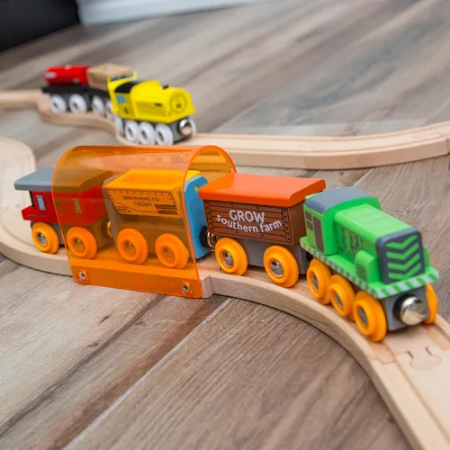 Vista 2 de Paquete de expansión para vías de tren Orbrium Toys, 56 piezas de madera con túnel, compatibles con el juego de ferrocarril de madera Thomas Brio