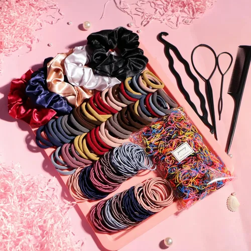 Vista 8 de YANRONG Juego de 1159 piezas de accesorios para el cabello para mujer, sin costuras, variedad de coleteros para el cabello, bandas elásticas