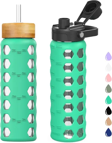 Vista 13 de MUKOKO Botellas de agua de vidrio, vaso de vidrio de 24 onzas con popote, botellas para beber con 2 tapas con tapa de boquilla con asa y tapa