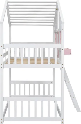 Vista 220 de Cama de casa de tamaño individual con elegantes ventanas y estantería, litera con diseño de castillo de madera con barandillas de seguridad