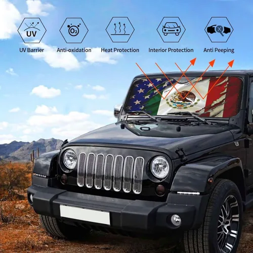 Vista 4 de Parasol para parabrisas con bandera mexicana y americana, protector frontal plegable para automóvil, bloquea los rayos UV, mantiene tu vehículo