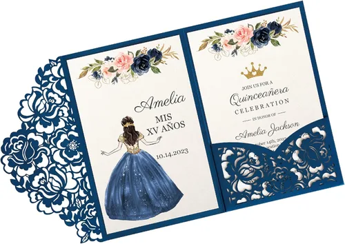 Vista 14 de DORIS HOME 50 piezas Bolsillos de Invitación de Boda Cortados con Láser con Sobres Azules, 5.12" x 7.12" Tarjetas de Invitación para Boda