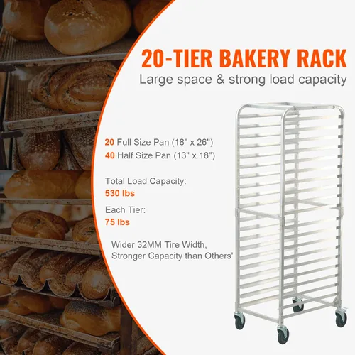 Vista 3 de VEVOR Estante para Bandejas de Panecillos, Estantes Comerciales de Panadería de 20 Niveles con Ruedas con Freno, Carrito de Estantería