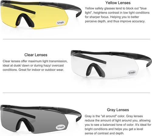 Vista 6 de xaegistac Gafas de disparo, protección ocular para campo de tiro, gafas tácticas con 3 lentes intercambiables, protección ocular de alto impacto