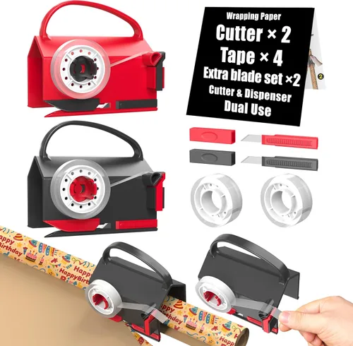 Wraprocut (Paquete de 2) Cortador de papel de regalo y dispensador de cinta de doble uso con 4 cintas, kit de 2 cuchillas de repuesto para