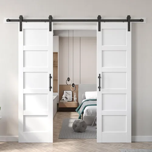 Vista 25 de Puerta de granero doble de 18x84 pulgadas blanca de Fredbeck con kit de herraje de puerta de granero de 6.6 pies incluido, con MDF y madera