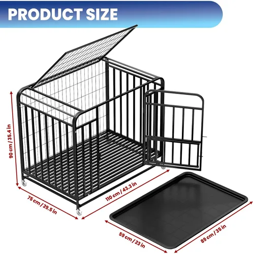 Vista 8 de 42'' Dog Kennel Heavy Duty Indoor Easy to Clean, 4 Lockable Wheels Extra Large Dog Crate with Removable Tray, Large Dog Crate Escape-Proof for