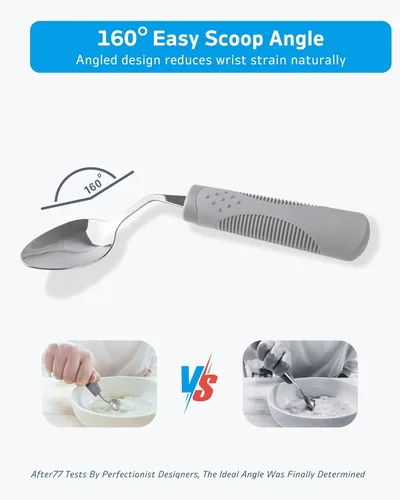 Vista 6 de Utensilios adaptativos (juego de 4 piezas) con peso de 5 oz – Utensilios en ángulo de 42° para pacientes de Parkinson, temblores de manos, artritis