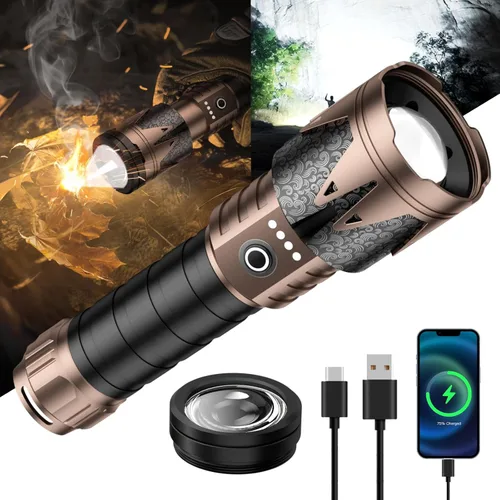 SKYFIRE Rechargeable Flashlights High Lumens with Ignition Lens,5000 Super Bright Tactical Flashlight,Zoomable,6Modes,Waterproof Flash Light for