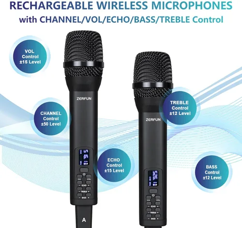 Vista 4 de Sistema de micrófono inalámbrico recargable de 4 canales Pro, micrófonos inalámbricos de mano UHF con control VOL Echo Treble BASS, pantalla LCD