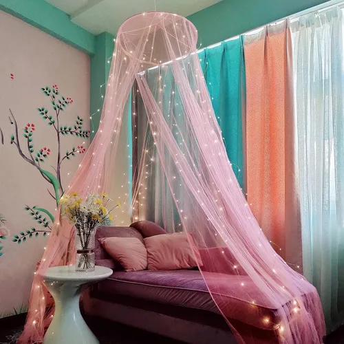 Vista 10 de Dosel de cama Eimilaly con mosquitera y 250 piezas de luces de cortina blancas cálidas, dosel de cama para decoración de habitación de niñas