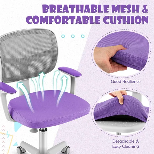 Vista 17 de POWERSTONE Silla de escritorio para niños, silla de computadora de malla ajustable con reposabrazos, cojín suave y silla de oficina giratoria de Rosa