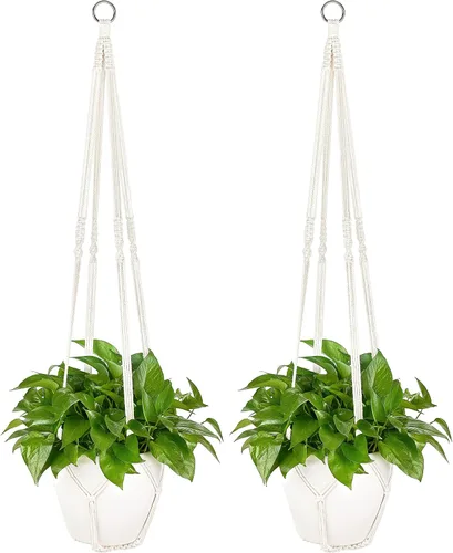 Vista 8 de Dahey Colgador de macramé para plantas, cesta colgante de interior hecha a mano, cuerda de algodón tejida a mano, soporte decorativo de ganchillo