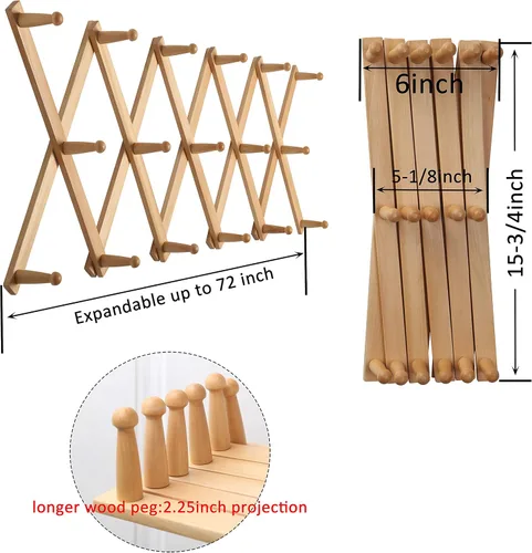 Vista 2 de WEBI Perchero de pared de acordeón para pared, perchero de madera expandible, estante de pared de acordeón para sombreros, gorras, tazas de café, 17
