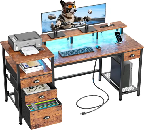 Vista 11 de Furologee 52'' Gaming Desk with LED Lights and Power Outlets, Reversible Computer Desk with 4 Drawers, Fabric File Cabinet, Printer Space, Shelves