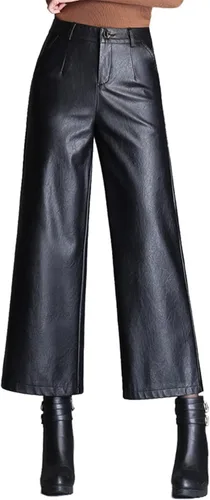 Lucrosun Pantalones Palazzo de cuero PU de pierna ancha de cintura alta para mujer Culottes Negro