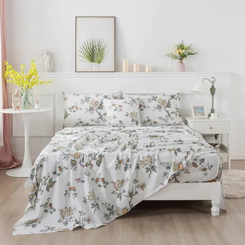 Vista 3 de FADFAY Juego de sábanas para cama individual, elegante ropa de cama floral con estampado de pájaros beige desgastado, juego de sábanas vintage