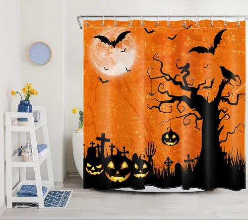 Vista 12 de LB Halloween Shower Curtain Horror Pumpkin Lights with Dead Tree Bat Crow on Blue Background Bathroom Shower Curtain Full Moon Bathroom Decor with