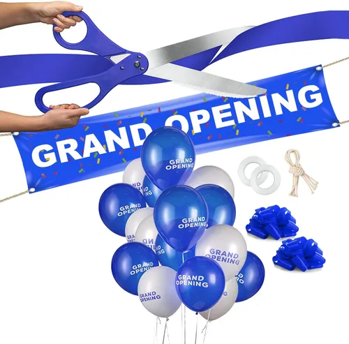 Kit de ceremonia de corte de cinta de gran apertura, tijeras gigantes de 25 pulgadas con cinta de satén azul, pancarta, lazos, globos y más