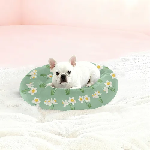 Vista 2 de Pet Dog Bed Warm & Soft Fluffy Dog Pillow Bed for Medium Size Pets Supplies XS Cartoon Narcissus Sage Green