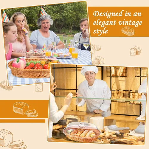 Vista 7 de Hushee Juego de 2 cestas de pan de ratán de imitación con tapa, cestas de pan de mimbre para servir cestas de frutas tejidas con cubierta, cestas