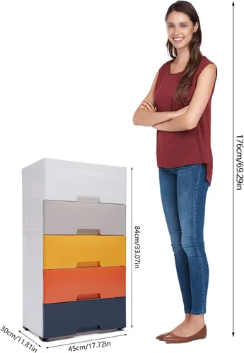 Vista 4 de Cajones de almacenamiento de 5 cajones de plástico con 4 ruedas giratorias, almacenamiento de cajones de plástico adecuado para almacenar libros
