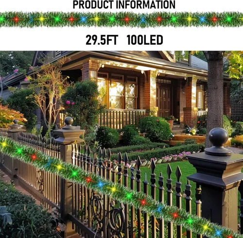 Vista 3 de TW SHINE - Guirnalda de Navidad preiluminada de 9,1 m, decoraciones con 100 luces LED, guirnaldas artificiales de pino con 8 modos, guirnalda verde