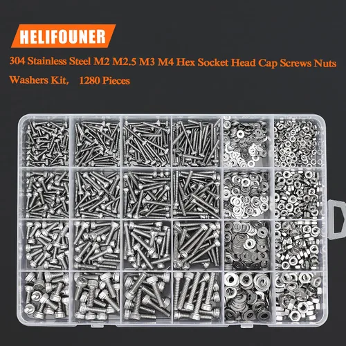 Vista 6 de 1280 piezas M2 M2.5 M3 M4 304 tapa hexagonal de acero inoxidable Tornillos métricos, tornillos métricos, arandelas, tuercas, kit surtido