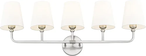 Vista 23 de Luz de Tocador de Baño de 2 Luces, Candelabro de Pared Doble Dorado Cepillado con Pantalla de Tela Blanca Abierta, Candelabros Modernos