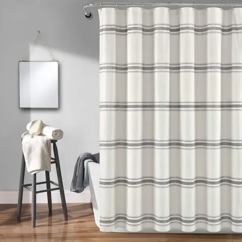 Vista 9 de Cortina de regadera de algodón a rayas estilo rústico de Lush Decor, 72 x 72 pulgadas, negra - Cortina de baño a rayas - Cortinas de ducha de tela